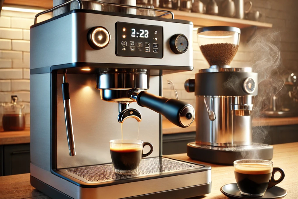 O imagine realistă a două mașini de cafea, una lângă alta, pe un blat de bucătărie din lemn